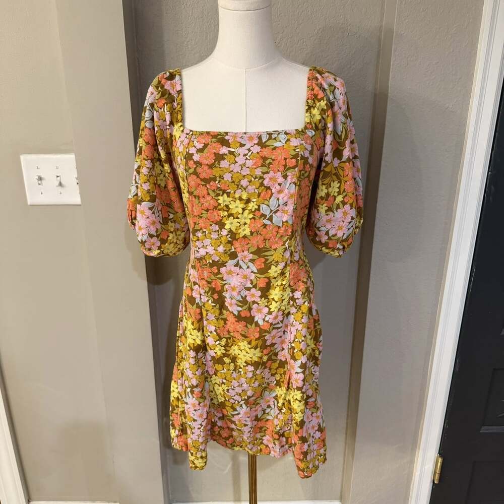 Billabong Women L Floral Mini Dress Square Neck Puff Sleeve Smocked Boho